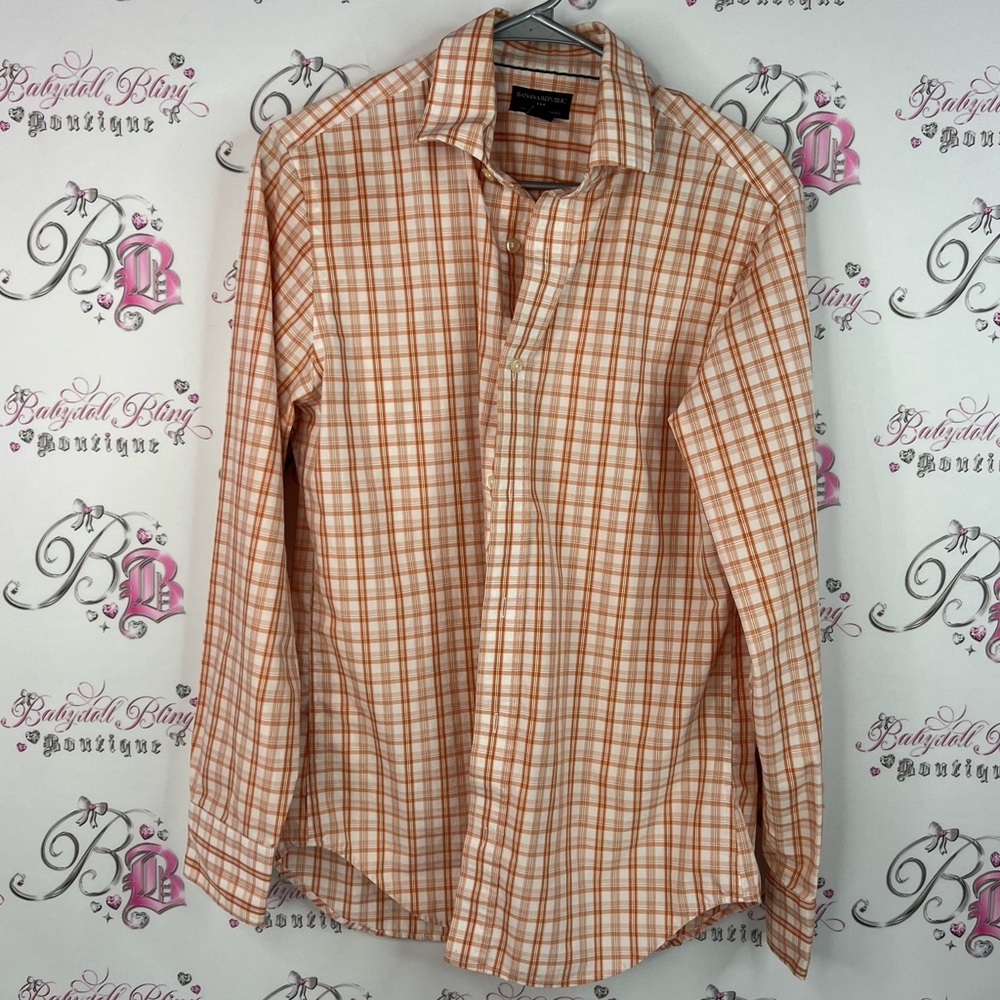 Banana republic plaid button up collared Men's Orange Plaid Shirt slim fit